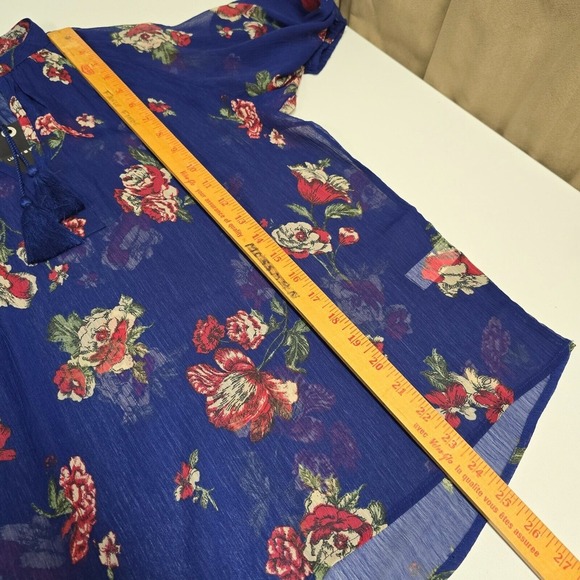 Lucky Brand Floral Sheer Tassel Blouse Womens Small‎ Blue Boho Airy Popover Top - Picture 12 of 13